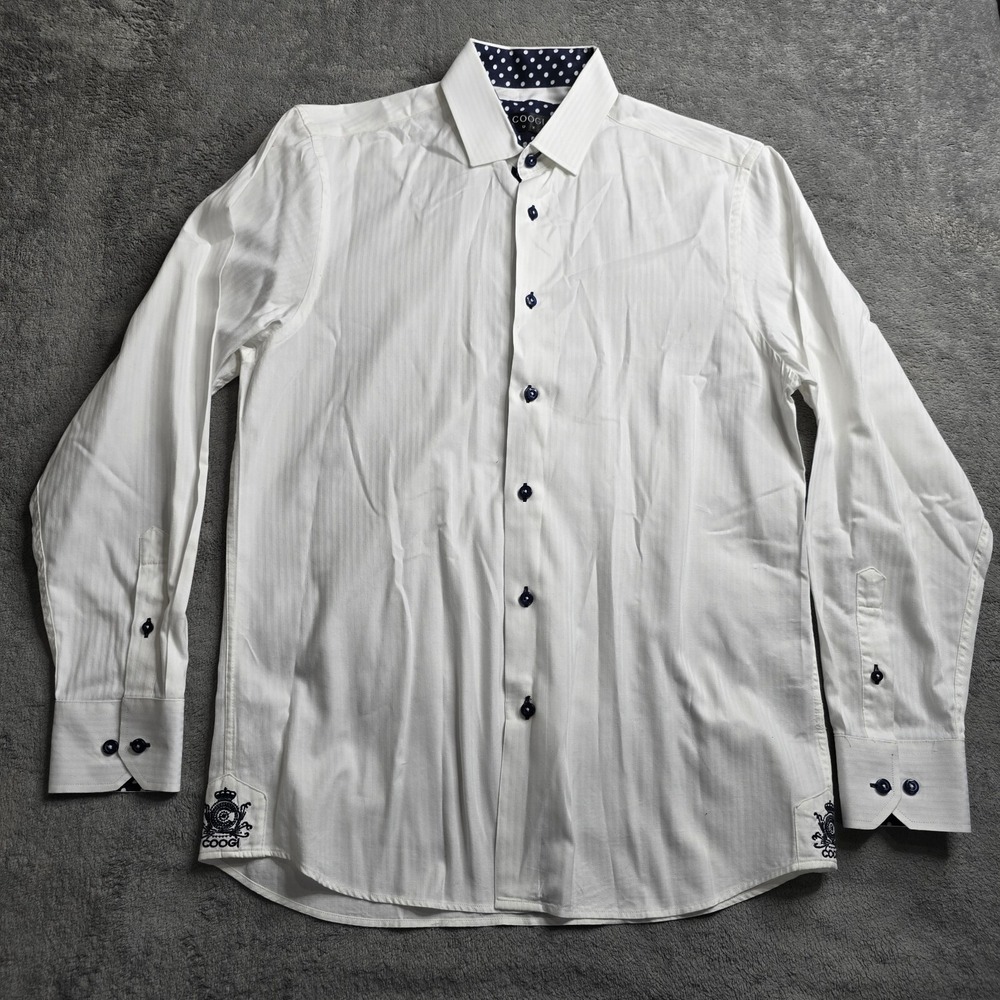 Men's Coogi Luxe Button Up White Stripes Long Sleeve Dress Shirt Size M 15.5/16